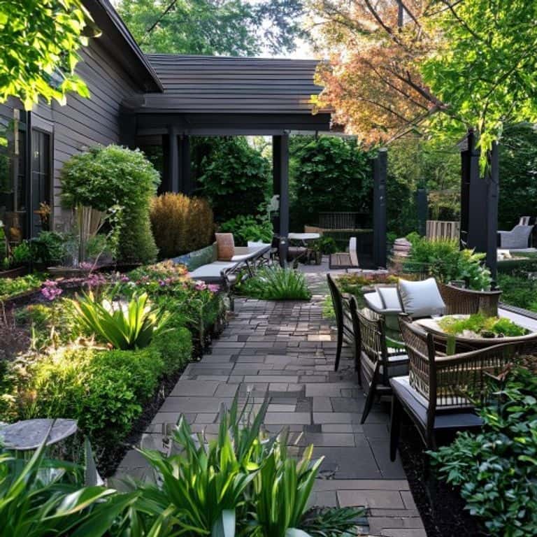 A beautifully landscaped suburban backyard with a stone patio